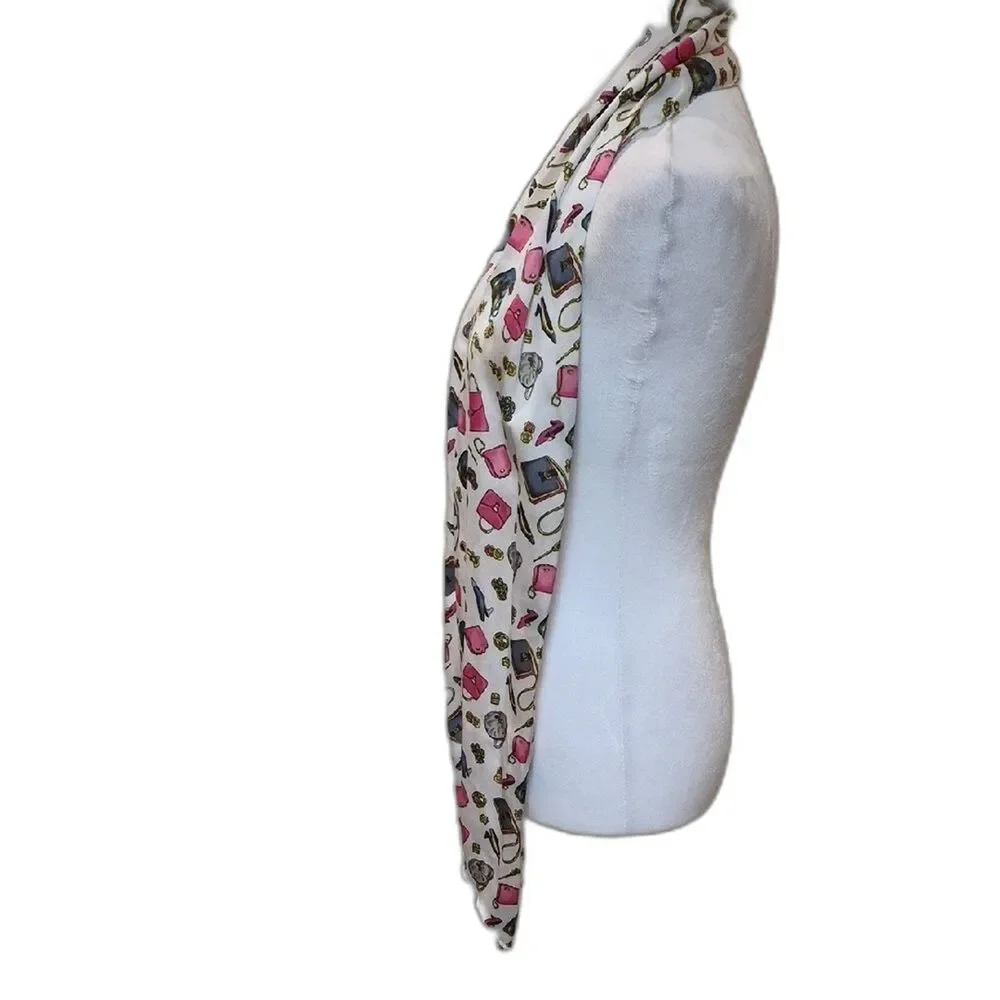 Vintage Novelty Print Silk Scarf White Pink Retro Camera Sunglasses Makeup